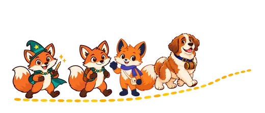 The four learning guides: Math Magician's fox, SolveTrail's fox, QuantRoute's fox and Barry