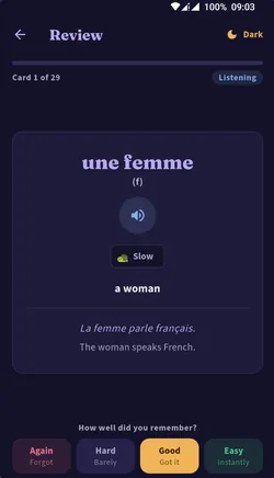 Real Ascend screen showing a French review card with audio