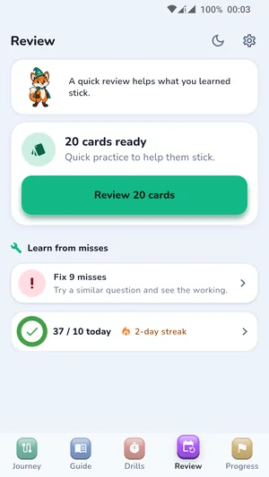 The Review tab: cards ready, misses to fix, daily goal and streak