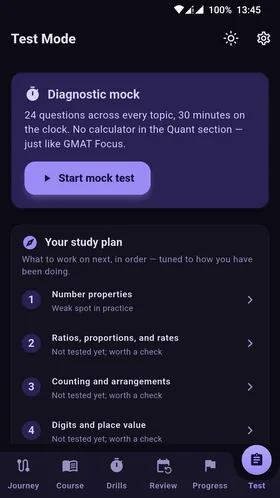 QuantRoute's Test Mode with the diagnostic mock and a personal study plan