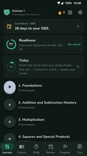 SolveTrail home screen with readiness score and exam countdown